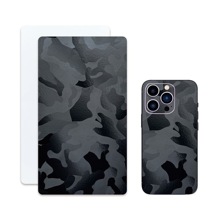 the back and sides of an iphone case with black camouflage print on it, next to a white card holder