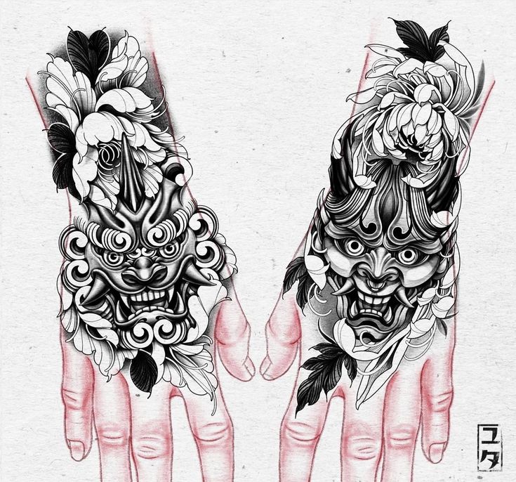 two hands that have tattoos on them and some flowers in the middle of each hand