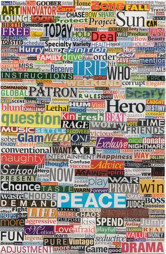 the word peace is made up of words that are written in different colors and sizes