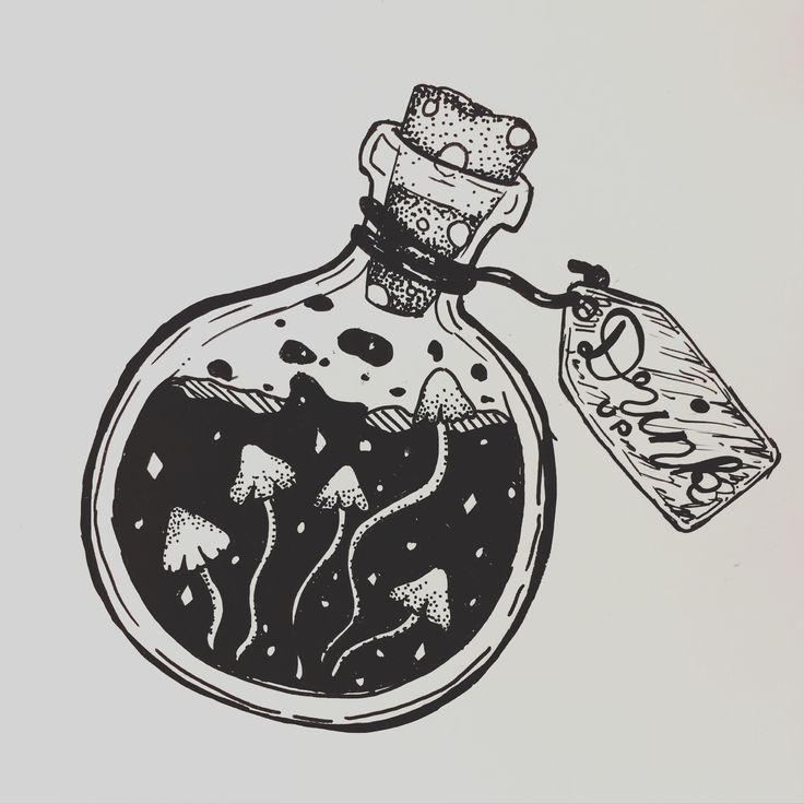 a black and white drawing of a bottle with flowers in it, holding a tag