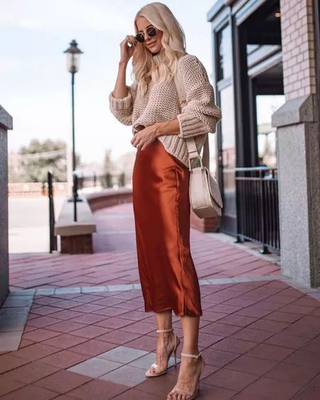 BRANDIE CAMEL NUBUCK curated on LTK Silk Skirt Outfit, Skirt Outfit Fall, Satin Skirt Outfit, Rok Outfit, Midi Skirt Outfit, High Waisted Maxi Skirt, Zipper Skirt, Knit Midi Skirt, Bubble Skirt