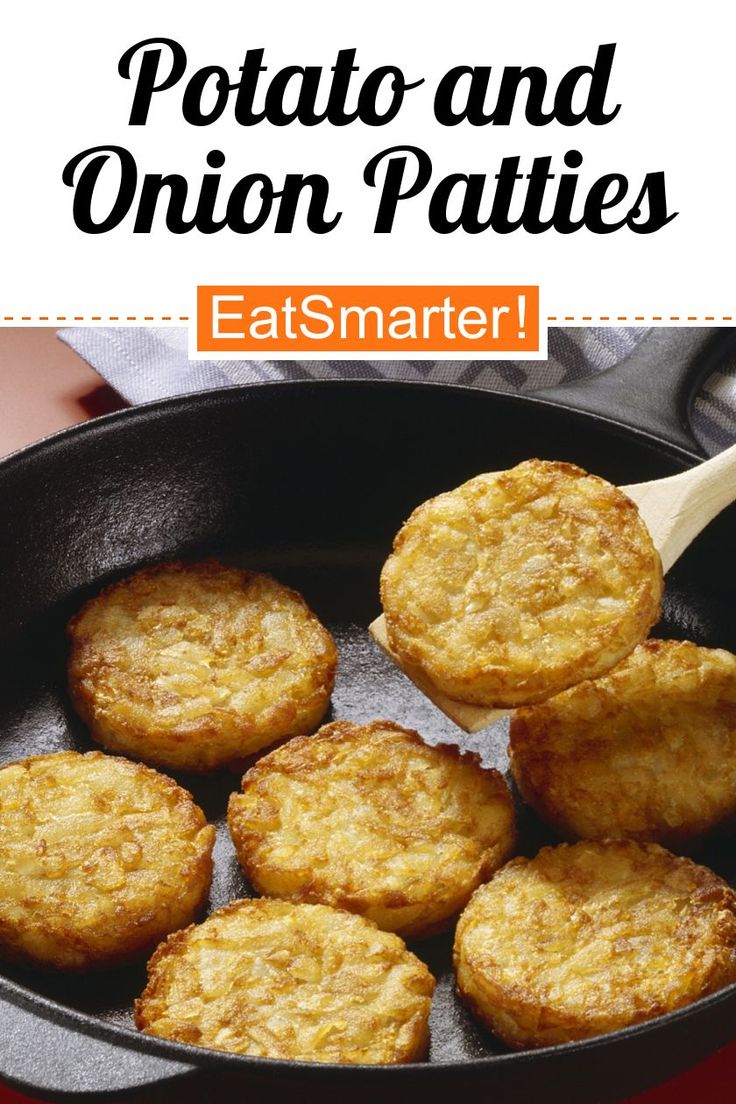 potatoes and onion patties in a cast iron skillet with text overlay that reads, potato and onion patties