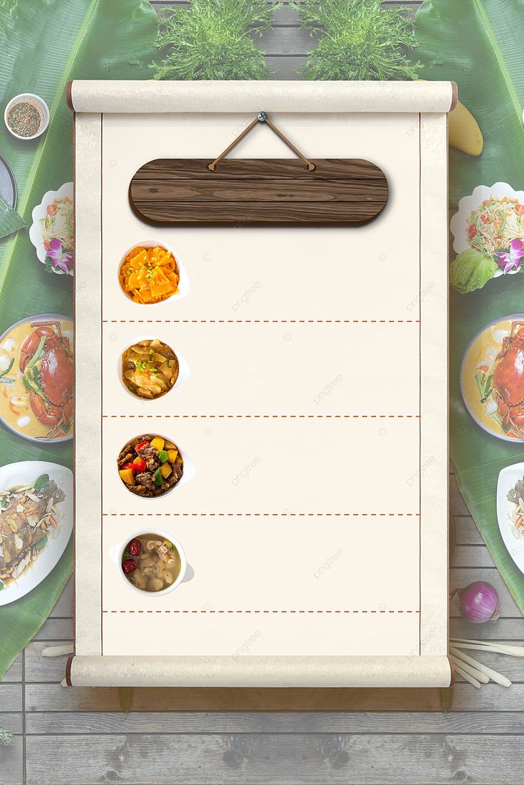 an overhead view of a menu board with food on it