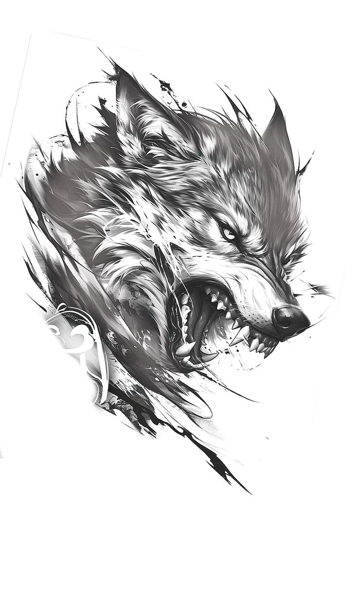 a black and white drawing of a wolf's head