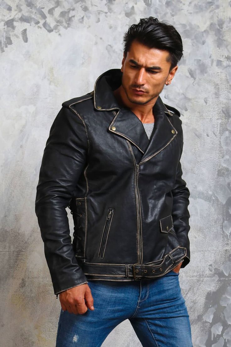 Men's Motorcycle Leather Jacket with Distressed Detailing Black leather jacket is a versatile outerwear one can style up and down according to their casual needs. A leather motorcycle jacket with an edgy touch is a perfect balance that can maximize your aura to the top most level.  This leather jacket is manufactured from genuine cowhide leather, it features asymmetrical zipped closure, spacious zipper and coin pockets and a classic convertible collar. With adjustable lace up waist and distresse Distressed Moto Leather Jacket For Fall, Rugged Distressed Brown Leather Biker Jacket, Moto Style Distressed Brown Leather Jacket, Distressed Brown Moto Leather Jacket, Rugged Leather Biker Jacket, Casual Distressed Leather Biker Jacket, Distressed Brown Leather Moto Jacket, Winter Distressed Leather Outerwear, Rugged Long Sleeve Distressed Leather Jacket