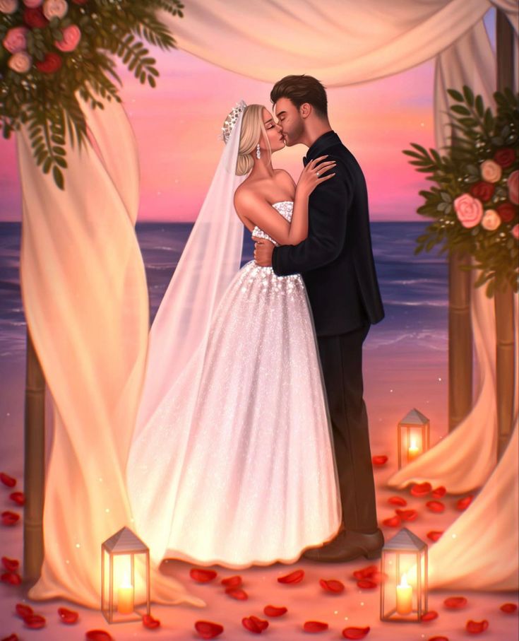 a painting of a bride and groom kissing