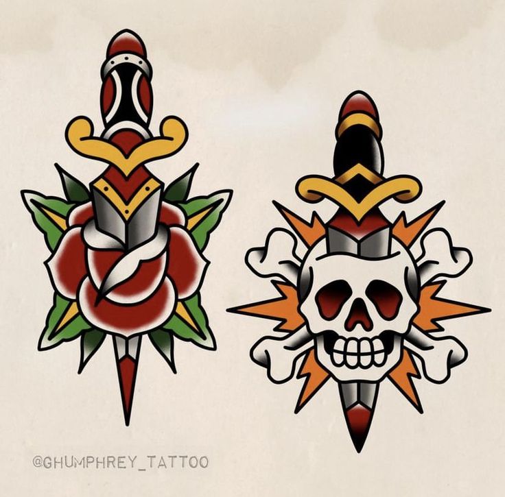 two different colored tattoos with skulls and swords on the back of their heads are shown