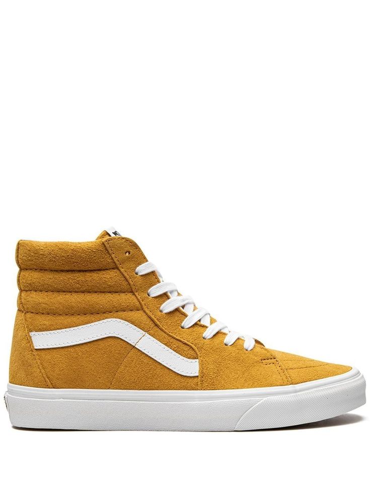 mustard yellow suede side stripe detailing round toe front lace-up fastening logo patch at the tongue ankle-length branded insole flat rubber sole These styles are supplied by a premium sneaker marketplace. Stocking only the most sought-after footwear, they source and curate some of the most hard to find sneakers from around the world. Sk8 Hi Vans, Yellow Vans, Vans Shop, Sk8 Hi, Vans Sk8, Side Stripe, Vans Old Skool Sneaker, Mustard Yellow, Vans Sneaker