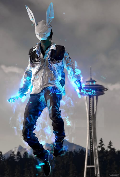 a man in white jacket and blue pants standing next to a tall tower with lights on it