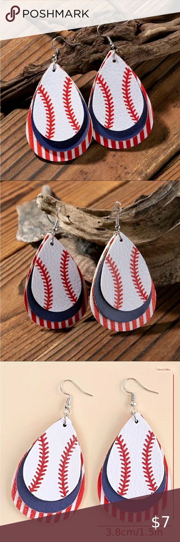 Baseball Layer Earrings Baseball Earrings, Sports Jewelry, Red Stripe, Sports Theme, Teardrop Earrings, Multi Layering, Blue Stripes, Shop Earrings, Dangle Earrings