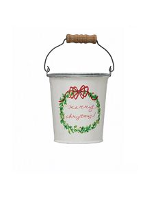 a white bucket with a wooden handle holding a merry christmas message on the front and side