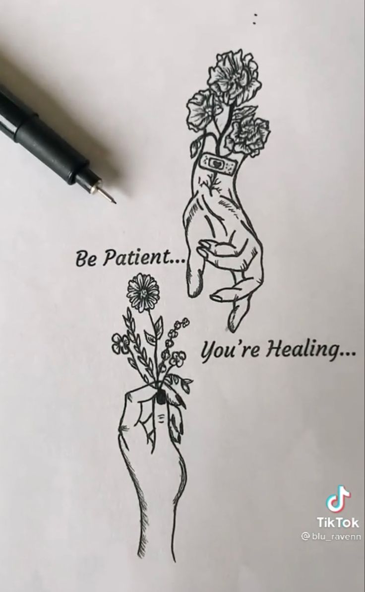 a drawing of two hands holding flowers and the words be patient you're reading