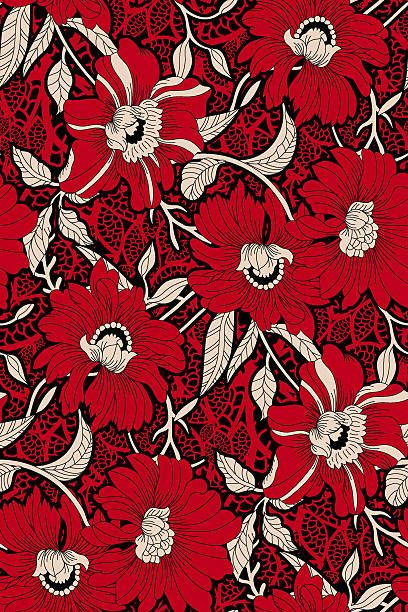 a red and white floral pattern on a black background, with lots of flowers in the middle