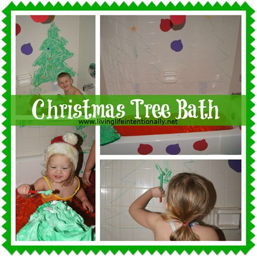 christmas tree bath collage with pictures of children in the tub and on the floor