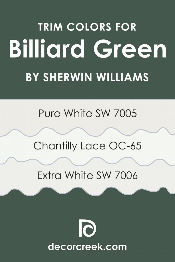 the logo for trim colors for billiard green by shewin williams, featuring wavy lines