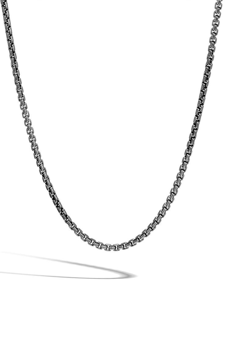 Handcrafted using the time-honored techniques of Balinese artisans, this signature John Hardy chain makes an everyday-elegant necklace. Style Name:John Hardy Men's Classic Box Chain Necklace. Style Number: 5787916. Available in stores. Gunmetal Box Chain Necklace As Gift, Gunmetal Box Chain Necklace Gift, Elegant Gunmetal Link Jewelry, Formal Gunmetal Box Chain Jewelry, Black Box Chain Necklace For Formal Occasions, Black Box Chain Necklace For Formal Events, Formal Black Box Chain Necklace, Gunmetal Box Chain Link Necklace, Elegant Link Chain Necklace With Oxidized Finish