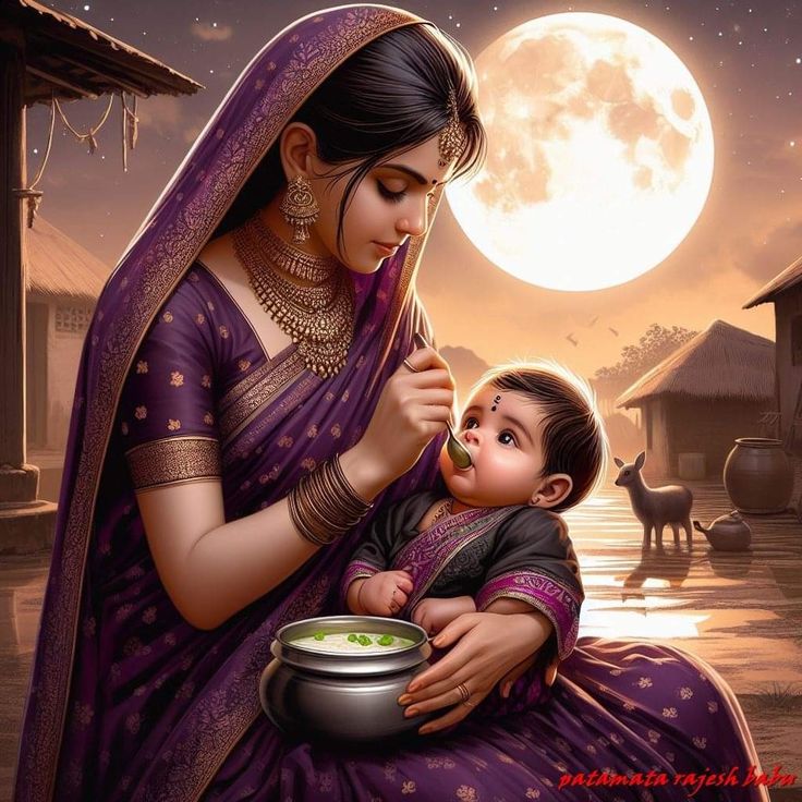 a painting of a woman holding a baby in her lap and looking at the moon