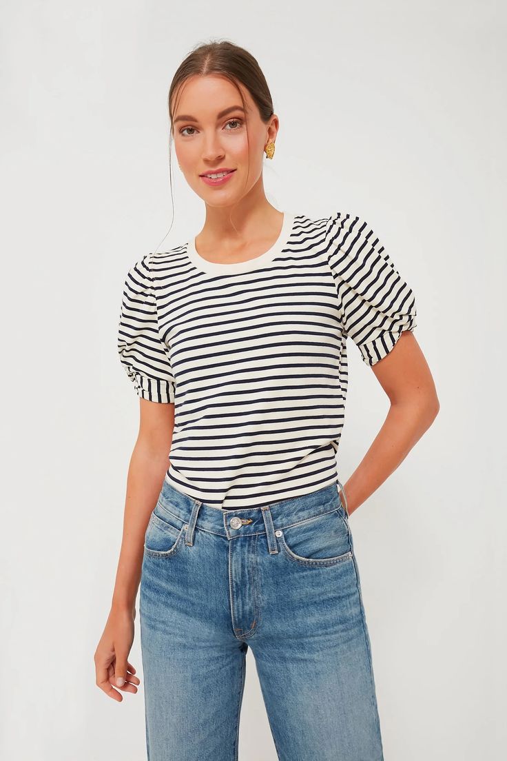 Navy Striped Vesty Puff Short Sleeve Crewneck | Pomander Place Cool Numbers, Knot Tie, Update Your Wardrobe, Style Fall, The Navy, Work Clothes, Puffed Sleeves, Tie Knots, Navy Stripes