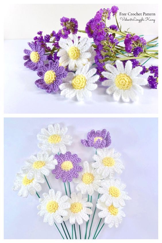 crochet flowers are shown in three different colors and sizes, with the same flower arrangement