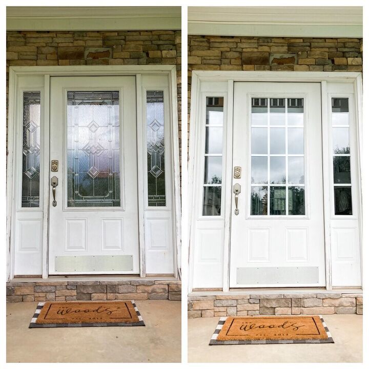 two pictures of the same door with different glass panels on each side and one has a welcome mat in front of it