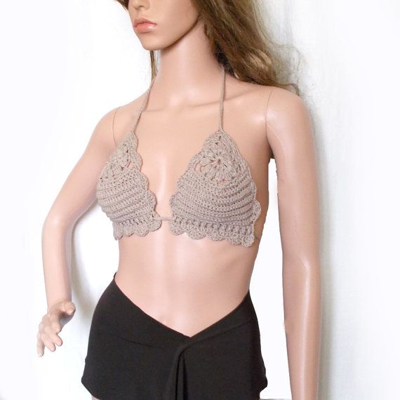 Beige crochet bralette - Lace bralette - Crochet bra - Coachella top - Beach cover up - Crop top bra Beach Lace Crop Top With Built-in Bra, Bohemian Halter Top With Built-in Bra For Summer, Bohemian Triangle Top Halter For Party, Festival Beachwear Halter Top With Built-in Bra, Bohemian Halter Top With Built-in Bra, Bohemian Fitted Backless Halter Top, Fitted Bohemian Backless Halter Top, Spring Low-cut Halter Top For Beach, Low-cut Halter Top For Beach In Spring