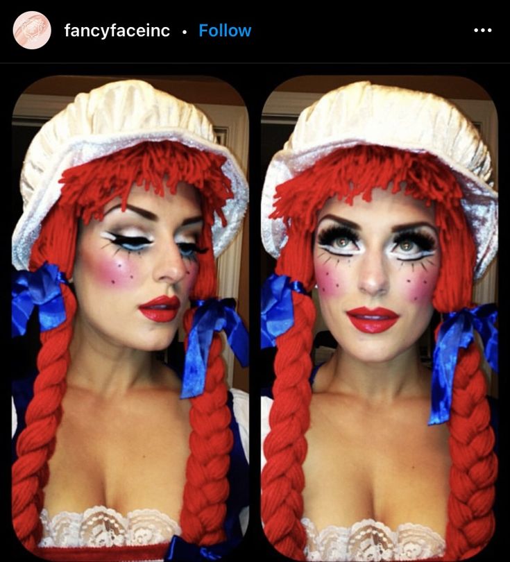 Raggedy Ann Costume Women, Ragdoll Makeup, Raggedy Anne Makeup, Raggedy Ann Makeup Ideas, Rag Doll Makeup Halloween, Raggedy Ann Makeup, Rag Doll Makeup, Scary Doll Costume, Raggedy Ann Costume