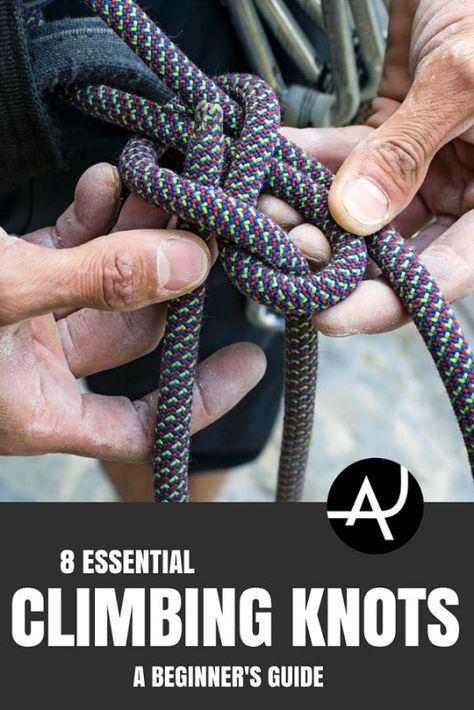 two hands holding a rope with the title 8 essential climbing knot's a beginner's guide