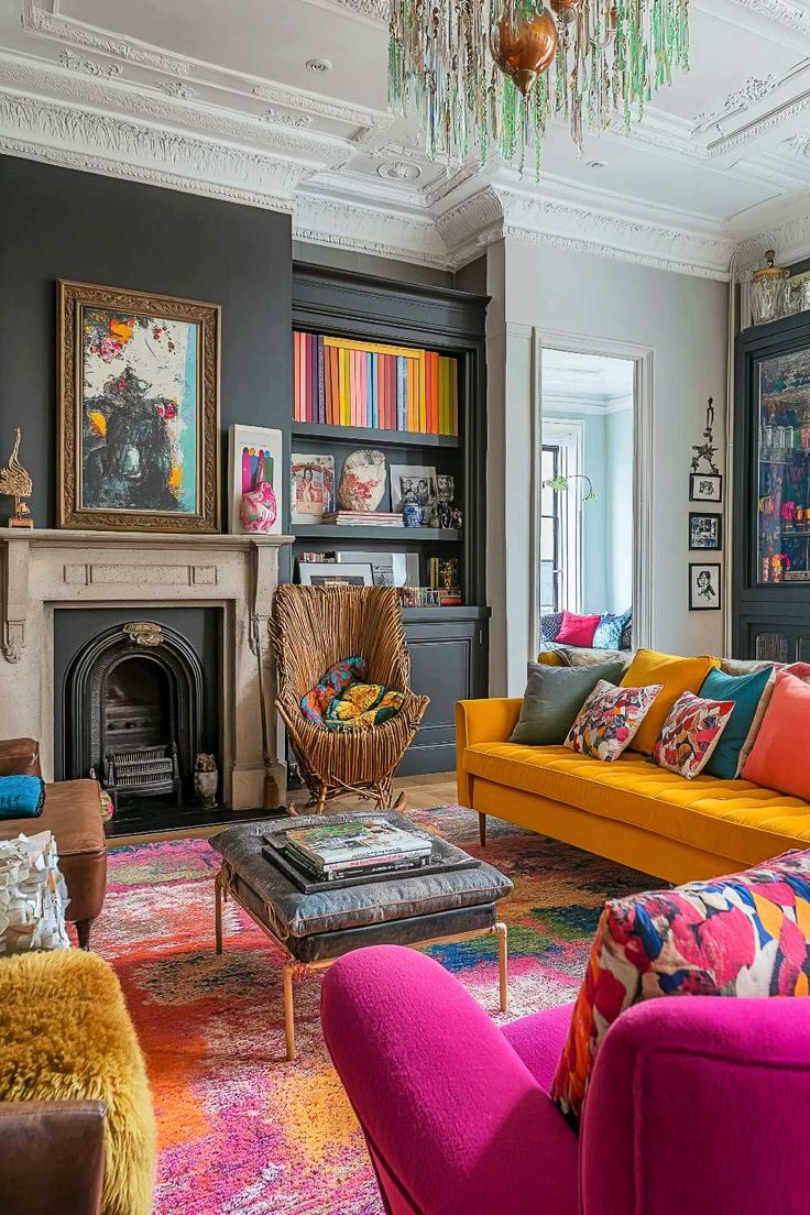 100+ Cosy Living Room Ideas Colourful Not White Living Room, Pop Of Color Fireplace, Modern Great Room Design, Classy Colorful Living Room, Colour Pop Living Room, My Dream Home Living Room, Bright Colour Living Room Decor, Eclectic Living Room Decor Ideas, Mustard Couch Living Room Ideas