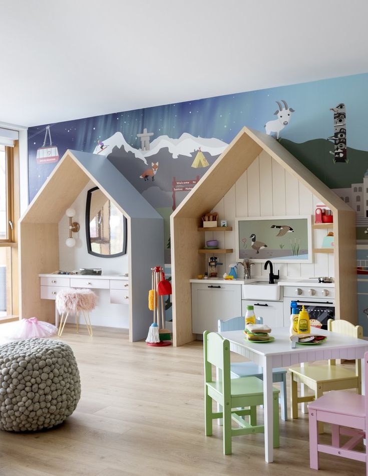 a child's playroom with toys and furniture