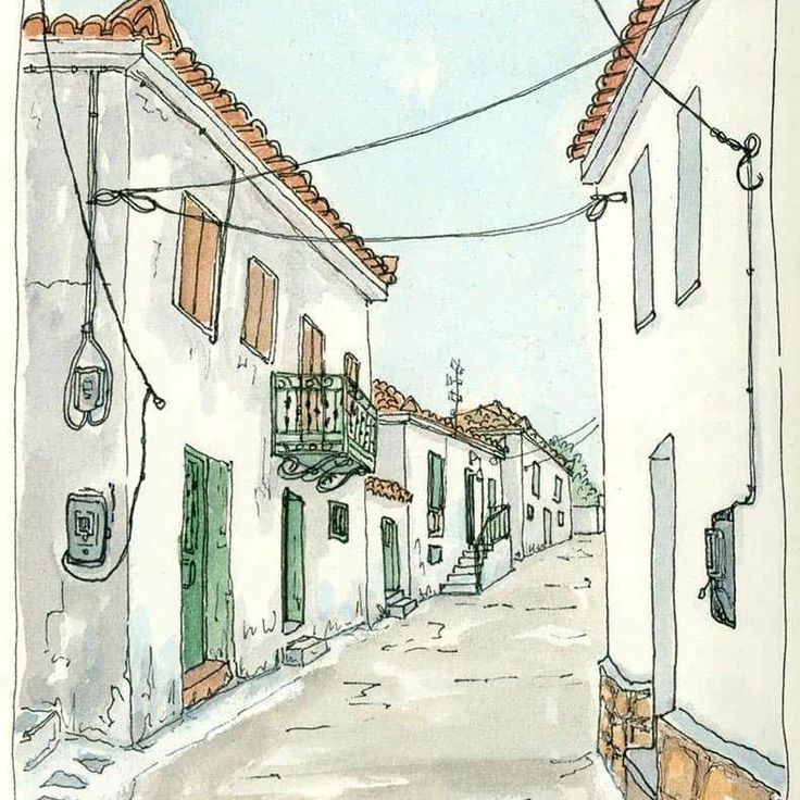 a drawing of an alley way with buildings