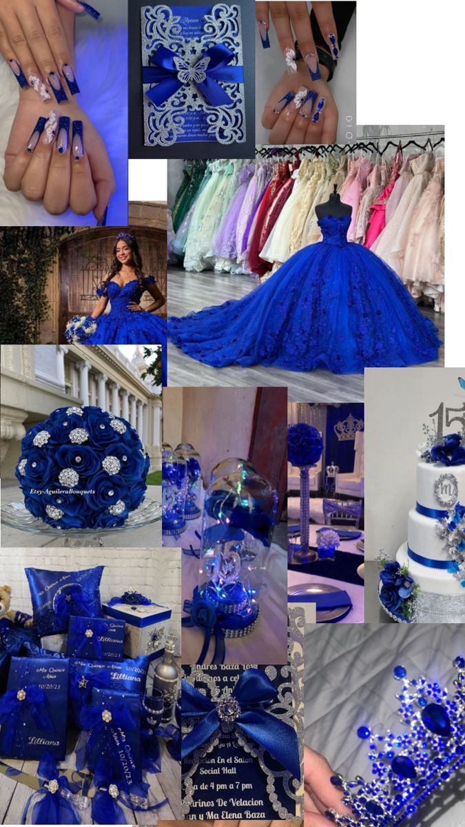 a collage of blue and white wedding decorations