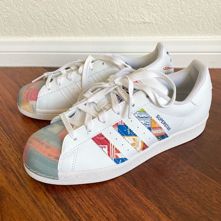 Men’s Adidas Superstar Multilogo Sneakers -Size 6.5 Mens So A 7.5-8 Womens -Brand New With Tags -Box Not Included Custom Painted Shoes, Custom Kicks, Adidas White, Shoes Adidas, Custom Painted, Painted Shoes, White Adidas, Orange White, Mens Shoes Sneakers