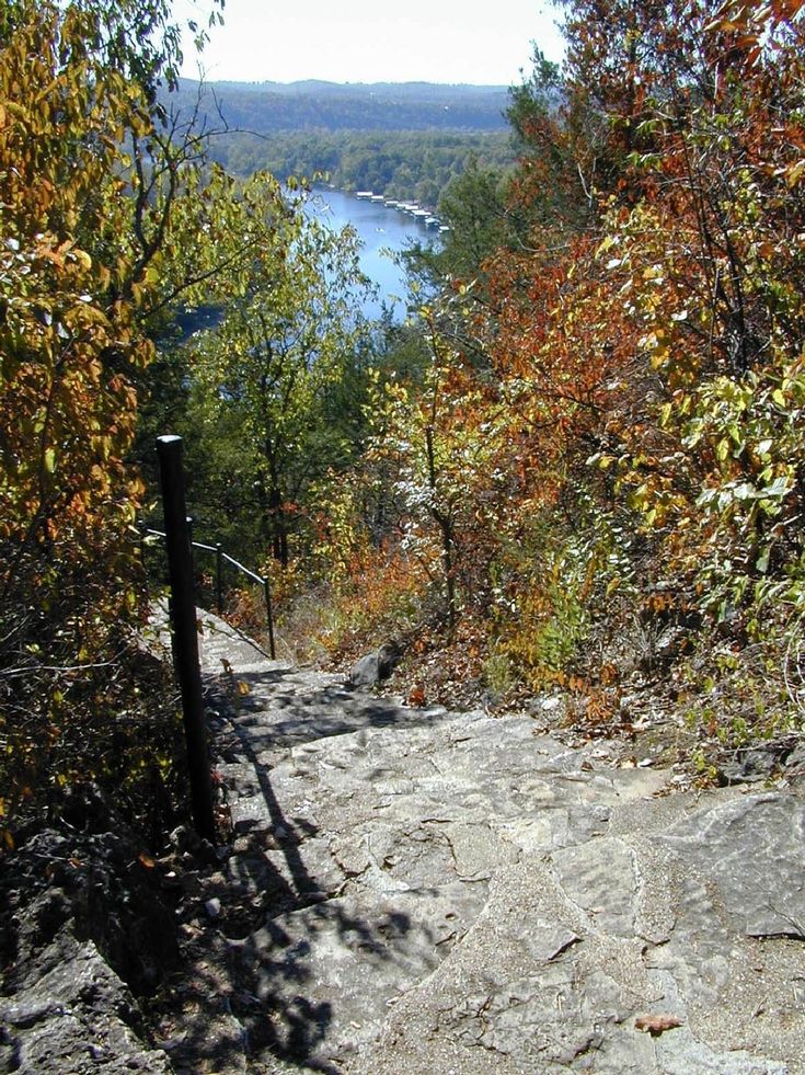 a stone path leading up to the top of a hill with trees and water in the background