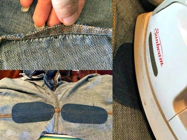 two pictures one showing the back and side of a pair of jeans with patches on them