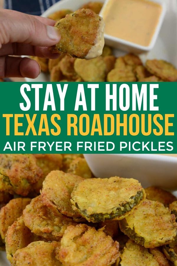 a plate with fried pickles on it and the words stay at home texas roadhouse air fryer fried pickles