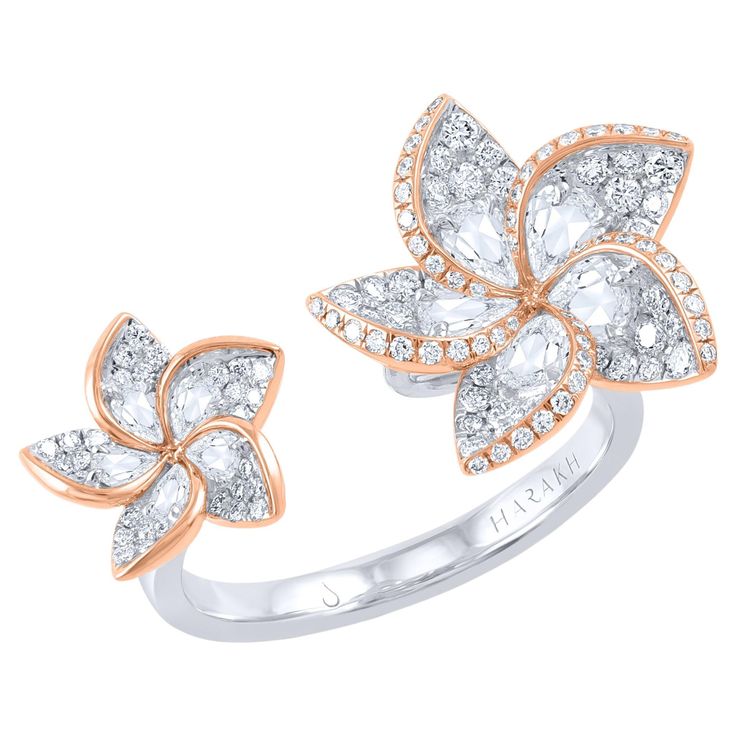 This beautiful floral ring features shimmering pear rose cut diamonds and brilliant round in pave setting resembling petals crafted in 18 karat white and rose gold. The ring is studded with a total of 115 brilliant cut and 10 rose cut pear diamonds and the total diamond weight is 1 carat. The diamonds are graded as D-F color and IF-VS clarity. This ring will be accompanied with a HARAKH certificate of authentication and a Reflection card which describes the inspiration behind the collection. The ring inspired by the Frangipani, also known as the flower of immortality. Drawing from a century of expertise in the diamond and jewelry industry, HARAKH was launched in 2017, to introduce the finest gemstones and the most exceptional craftsmanship for discerning jewelry collectors globally. All ou Gold Floral Engagement Ring, Floral Engagement Ring, Floral Ring, Pave Setting, Pear Diamond, Gold Floral, Rose Cut Diamond, Jewelry Rings Engagement, 1 Carat