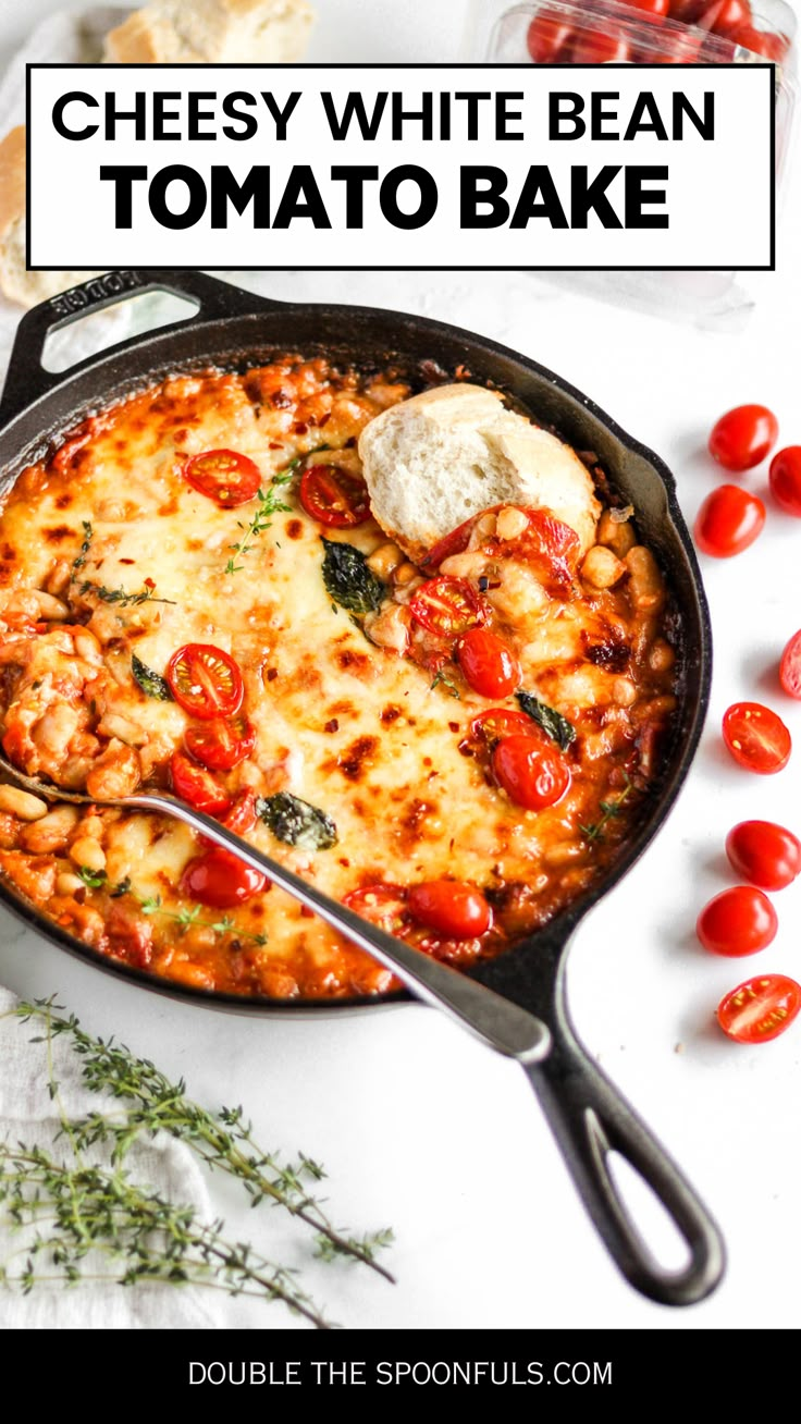 cheesey white bean tomato bake in a cast iron skillet with text overlay