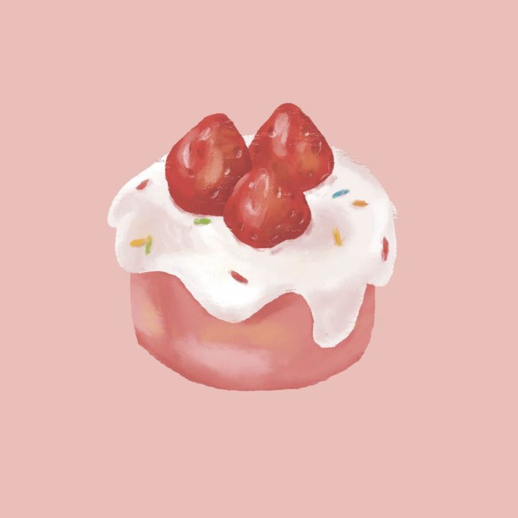 Small pink korean cake illustration with white annd sprinkle frosting and three strawberries on top Korean Cake Illustration, Dessert Art Illustration, Baked Goods Illustration, Cake Illust, Cute Cake Illustration, Cake Art Drawing, Cute Cake Drawing, Cake Draw, Korean Cakes