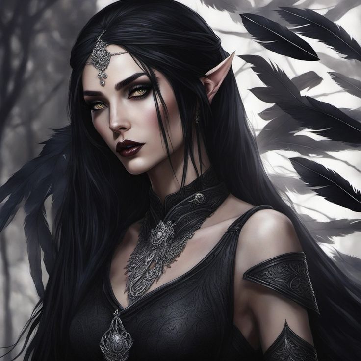 Gothic themed elf woman Evil Elf Queen, Drow Elf Makeup, Elf Witch Art, Gothic Queen Art, Dark Fae Queen, Elf Black Hair, Pale Black Hair, Raven Queen Dnd, Fae Woman