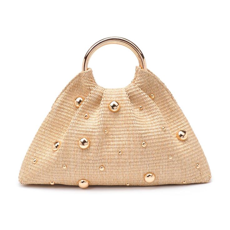 A perfect blend of chic style and natural vibes. Its open design, adorned with stud embellishments on woven straw, exudes an effortless charm. Carry it elegantly with the round top handle, and find convenience in the fabric-lined interior with a handy zip pocket. Item Type: Evening Bag Material: Straw Closure: Open Exterior Details: Woven Design, Stud Embellishments, Round Top Handle, Gold Hardware Interior Details: Fabric Lined, 1 Zip Pocket 14.77” L x 2.76” W x 6.89” H Zara Closet, Natural Vibes, Night Out Tops, Straw Clutch, Simply Fashion, Studded Bag, Embellished Bags, Travel Storage Bag, Exterior Details