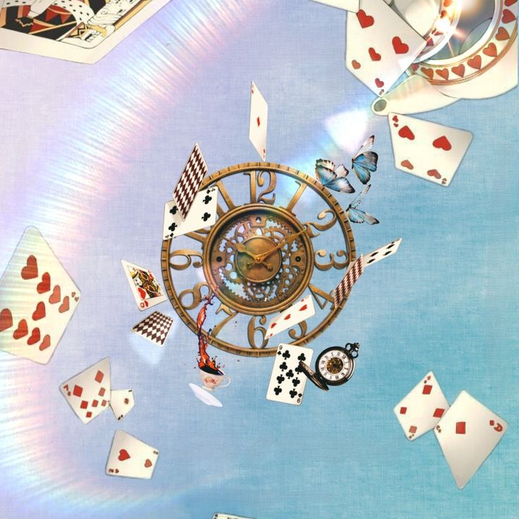 a clock surrounded by playing cards flying through the air