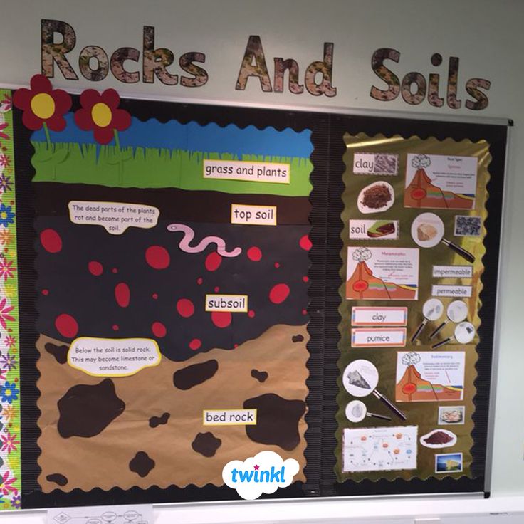 a bulletin board with rocks and soils on the wall in front of a classroom