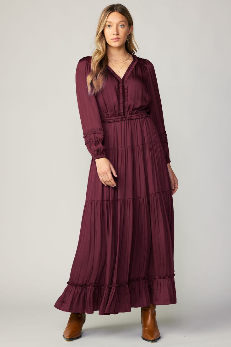 This long-sleeve midi dress is simply captivating with its easy femininity and pretty details. Ruffle trim adds allure, while the cinched waist defines the shape. This stunning piece is sure to become a fast favorite in your wardrobe. •V-neck •Long sleeves •Elasticized waist •Tiered skirt •Ruffle trim DIMENSIONS •Standard: 53" L Item number 2390097 100% Polyester Long Sleeved Velvet Dress, Long Sleeve Maxi Dress Winter, Long Midi Dress Outfits, Fall Outfits Women Dresses, Fall Dresses For Women, Midi Dress Outfit, Maxi Dress Winter, Modern Clothes, Midi Dress Fall