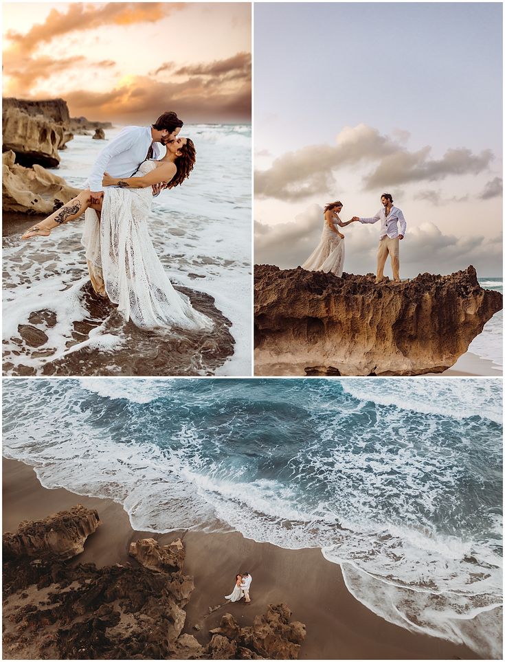 a couple holding hands while standing on top of a rocky cliff near the ocean at sunset