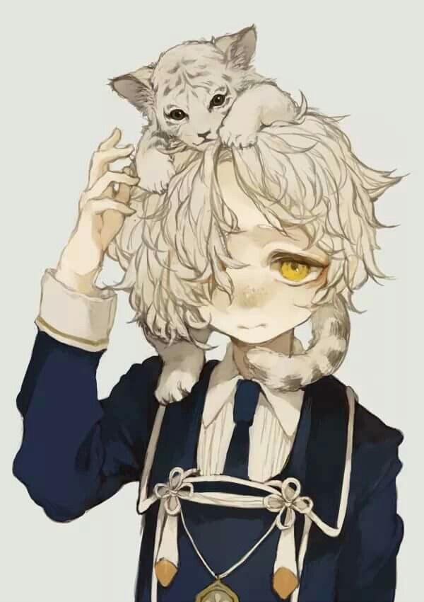 an anime character holding a cat on his shoulders