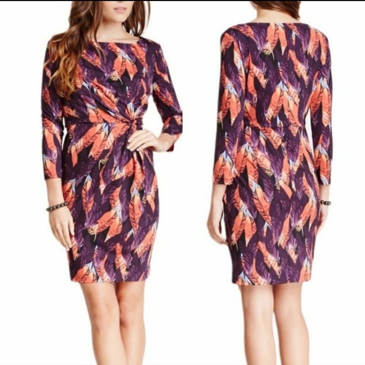 Feather Print Dress With Gorgeous Colors. Features A Knot In Front As Well As A Gathered Waist. Add A Dress To Your Wardrobe That Is Sexy, Comfortable And Flattering. 95% Polyester, 5% Jersey. Machine Washable Feather Print Dress, Purple And Orange, Feather Pattern, Patterned Dress, Orange Pattern, Vintage Inspired Dresses, Stretchy Dress, Feather Print, Pattern Dress