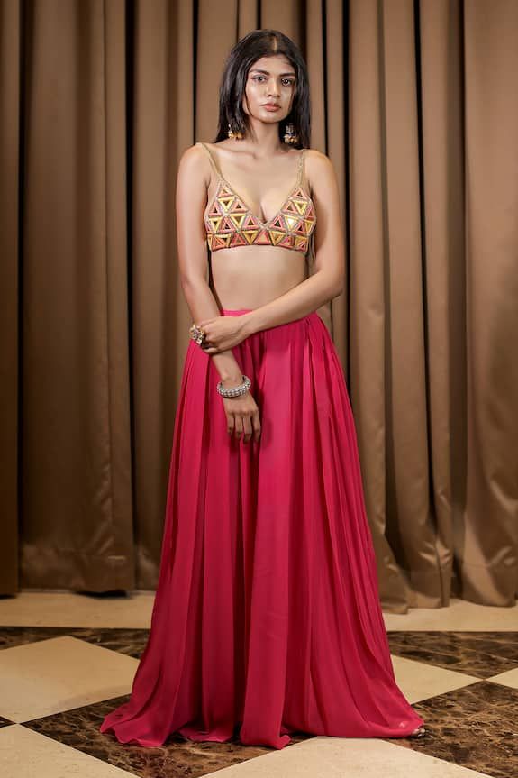 Pink bralette with mirror embroidery in geometric pattern. Paired with a pink attached cancan sharara. - Aza Fashions Mirror Embroidery, Padded Bralette, Pink Bralette, Sharara Set, Pants Pattern, Set For Women, Aza Fashion, Bralette, Pants Set