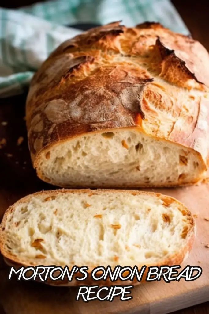 a loaf of bread sitting on top of a wooden cutting board with the words, morton's onion bread recipe