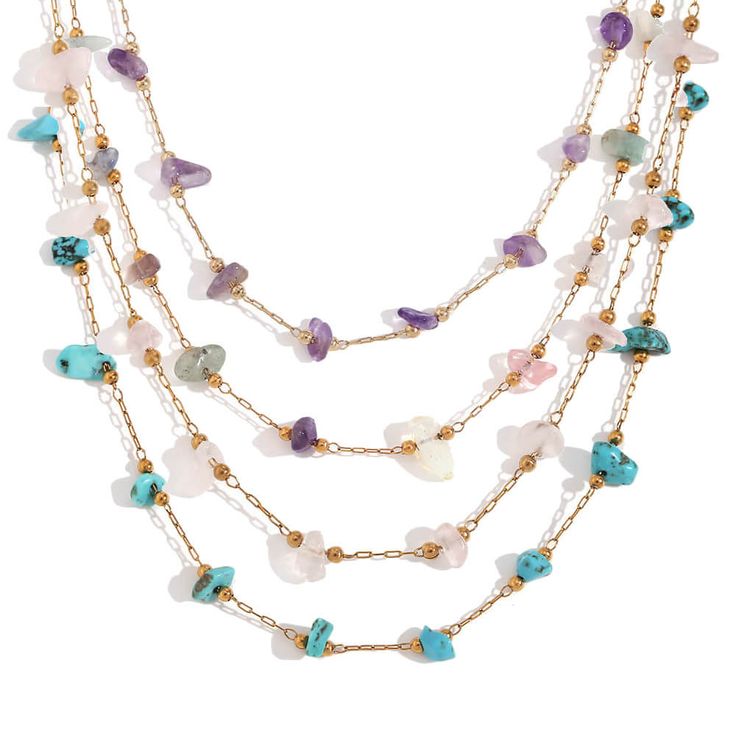 This quirky and playful bohemian style necklace features stunning gemstone beads. Collect and layer them for a unique and stylish look. Embrace your inner boho chic with this one-of-a-kind piece! DETAILS & SIZE Finish: 18K gold plate Material: Stainless Steel, Amethyst, Faux Turquoise, Faux Pearls, Quartz Measurements: Beads: approx. 6mm; Chain: 16" + 2" extension Lobster Claw clasp Waterproof, tarnish-resistant, and nickel free Shop Necklaces for more options to layer with this! Bohemian Multicolor Amazonite Necklace, Beaded Gold Necklace, Bohemian 14k Gold-filled Gemstone Beads Necklace, Multicolor Nature-inspired Gemstone Bead Necklaces, Agate Gemstone Multi-strand Beaded Necklaces, Bohemian Multi-strand Turquoise Gemstone Necklace, Waterproof Jewelry, Dainty Bracelets, Statement Bracelet