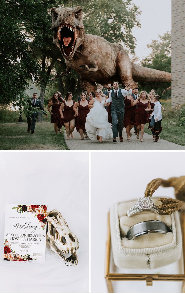 the wedding party is walking down the street with an inflatable dinosaur